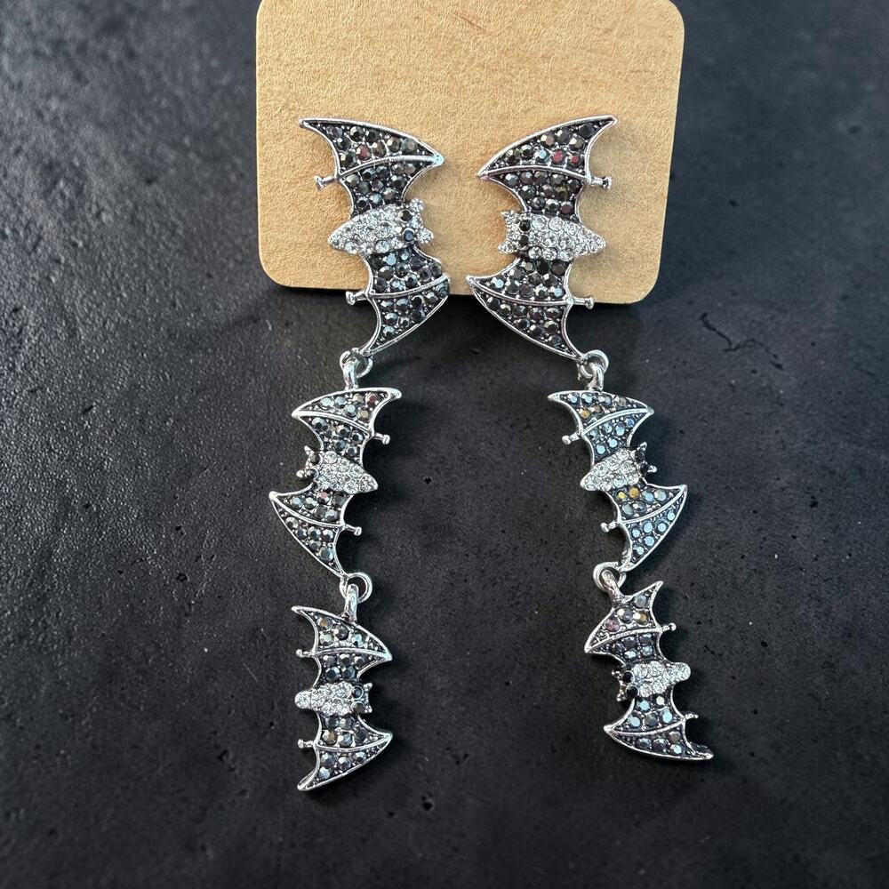 Black Crystal Bat Dangle Earrings Gothic Halloween Statement